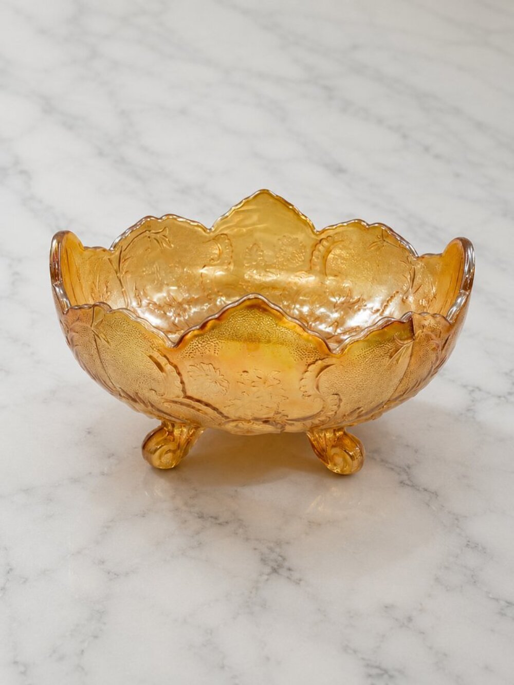 VTG Jeannette Iridescent Glass Lombardi Carnival Footed Fruit Bowl Marigold